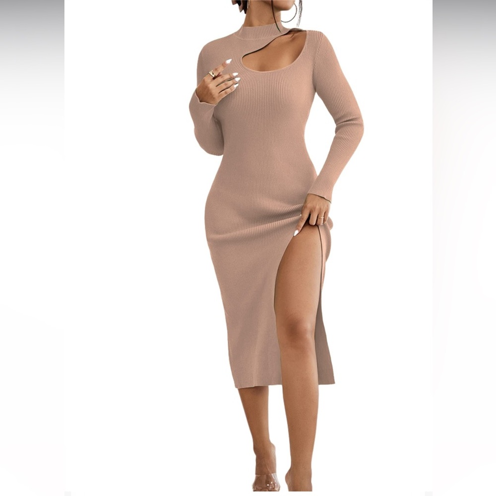 2 for $20! Mock Neck Khaki Cutout Dress